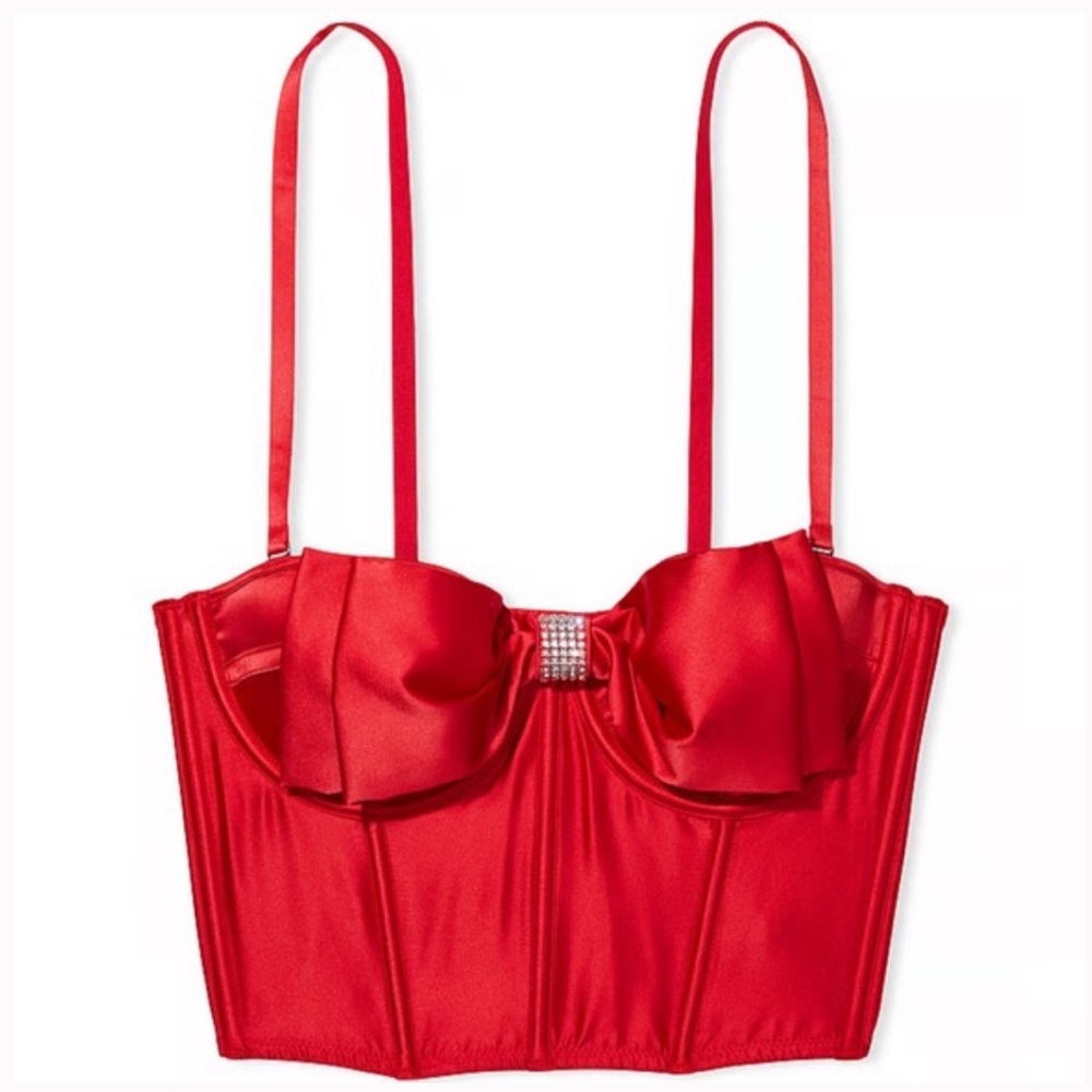 NWOT Red Satin Bow Crystal Rhinestone Corset Top Bustier Bra Valentine’s Date